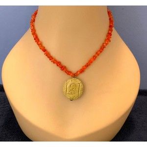 Coral Carnelian Chipstone Necklace Carved Olive Serpentine Jade Pendant Sterling